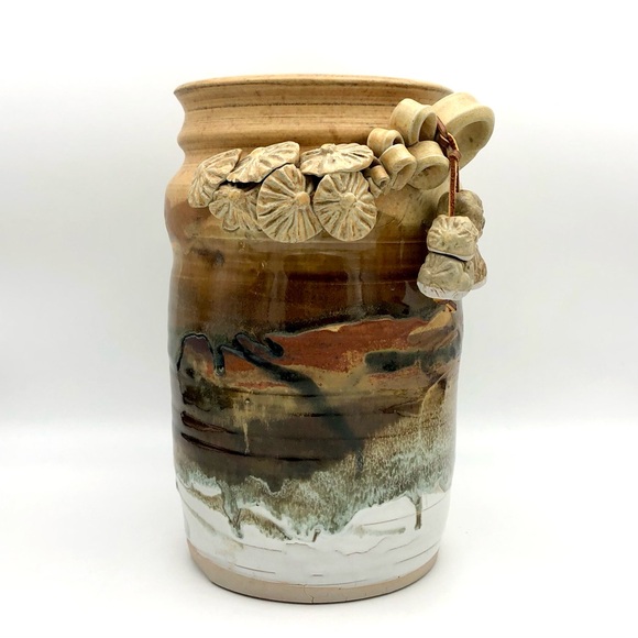 Large Pottery Crock Vase Hand Made Beads On Leather Dangle Applied Floral Relief - Picture 8 of 15